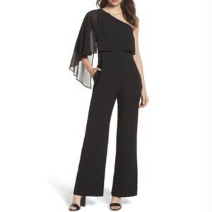Vince Camuto Black Chiffon One Shoulder Overlay Wide Leg Jumpsuit 4